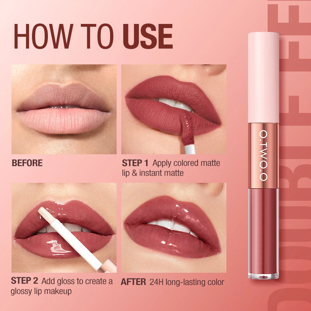 O.TWO.O Matte Lipstick Double Head Lip Coat 24HR Non-stick Cup Lip Gloss Tint Plumper Long Lasting Waterproof Lipstick Makeup