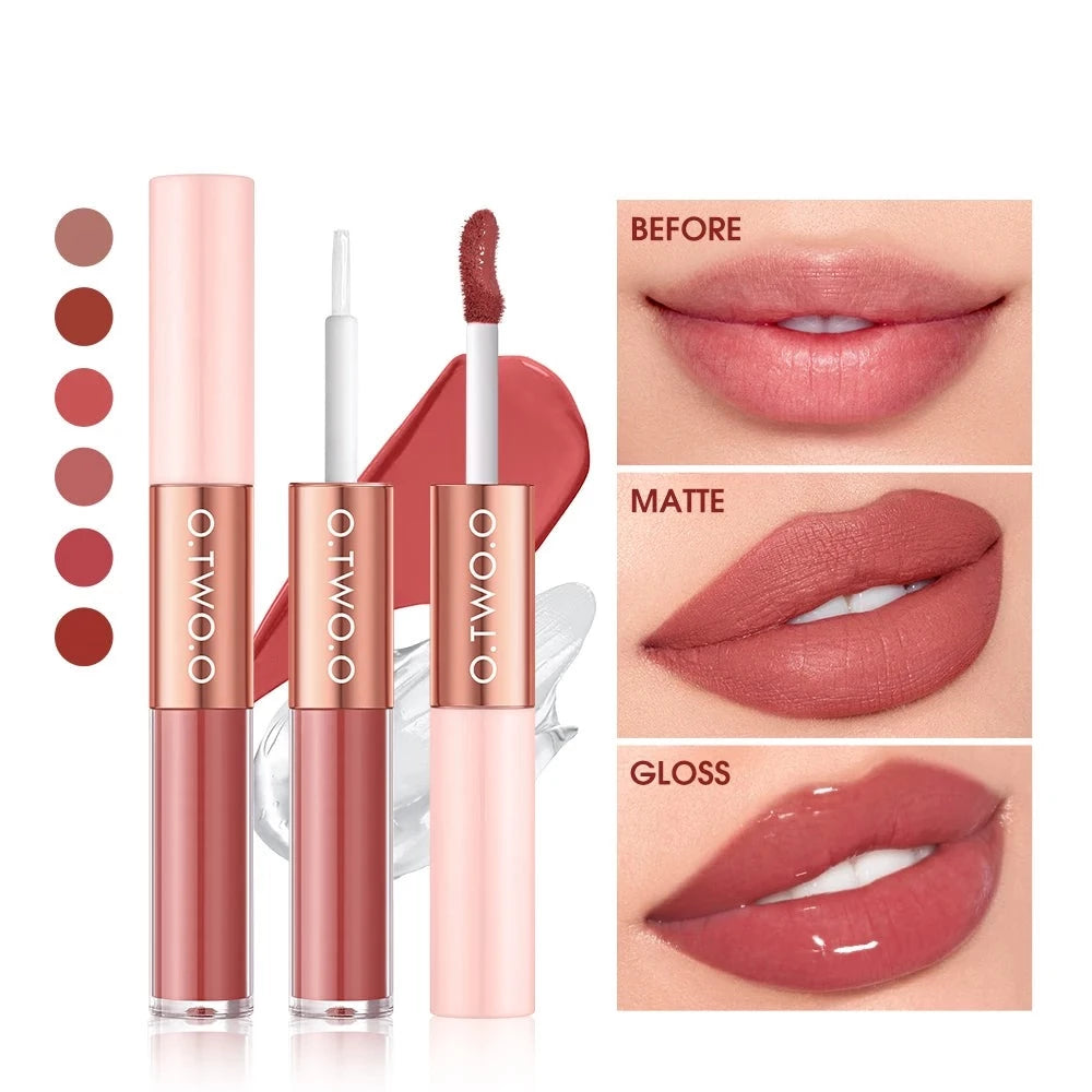 O.TWO.O Matte Lipstick Double Head Lip Coat 24HR Non-stick Cup Lip Gloss Tint Plumper Long Lasting Waterproof Lipstick Makeup